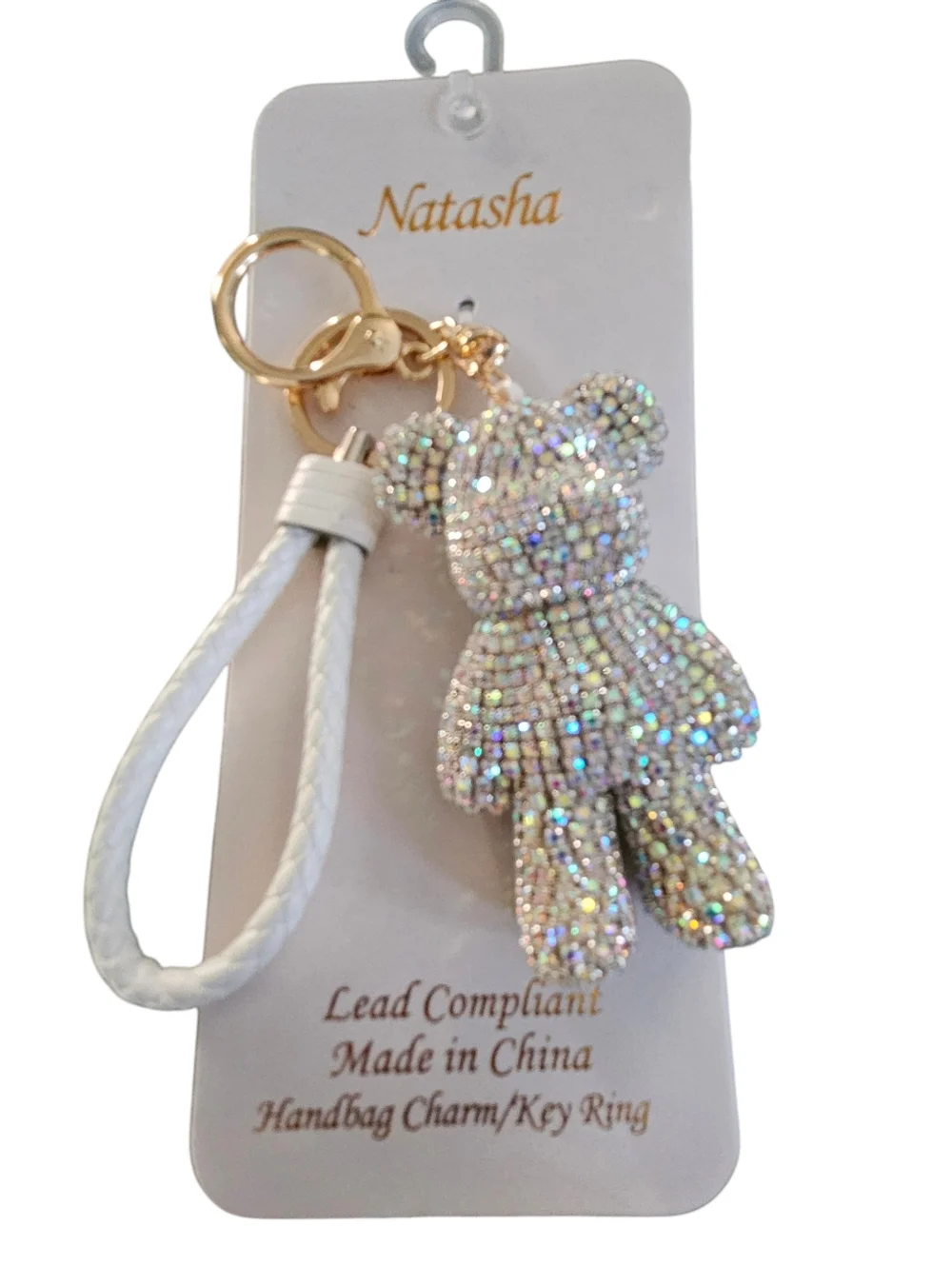 Natasha Couture White Braided Strap Crystal Teddy Bag Charm